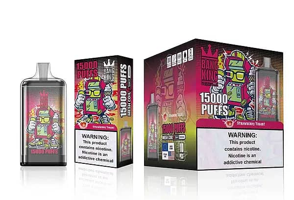 Bang King 15000 Puffs Disposable Vape &ndash; Strawberry Yogurt flavor with mesh coil, 25ml e-liquid, and Type-C rechargeable battery.