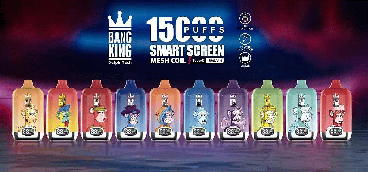 Bang King 15000 Puffs Smart Screen Disposable Vape Pen &ndash; 10 Flavors: Peach Freeze, Blueberry Cherry Lemon, Strawberry Watermelon, Berry Blast, Peach Blueraz, Blueberry Freeze, Grape Freeze, Tropical Fruit, Sour Apple Blueberry, Lush Ice &ndash; Mesh Coil, Smart Screen, Type-C Rechargeable, 25ml E-liquid, 650mAh Battery