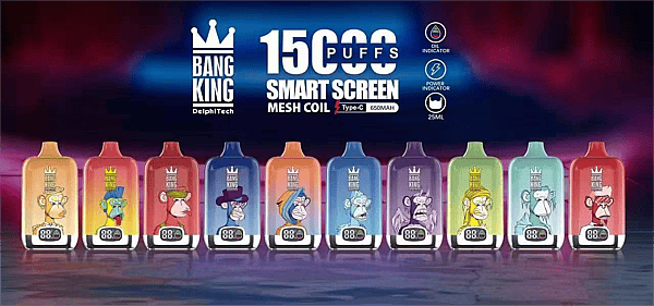 Bang King 15.000 Züge – Einweg-E-Zigaretten-Stift mit Smart Screen, 10 Geschmacksrichtungen, Nikotinstärken 0, 2, 3, 5 – Hauptseite 1 Bang King 15.000 Züge Smart Screen Einweg-Vape-Pen – 10 Geschmacksrichtungen: Peach Freeze, Blueberry Cherry Lemon, Strawberry Watermelon, Berry Blast, Peach Blueraz, Blueberry Freeze, Grape Freeze, Tropical Fruit, Sour Apple Blueberry, Lush Ice – Mesh-Spule, Smart Screen, über Typ-C aufladbar, 25 ml E-Liquid, 650 mAh Akku