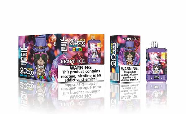 Bang King Double Crystal 20 000 bouffées - Goût de glace de raisin, boîte de vente au détail et appareil en cristal clair avec affichage de la batterie sur le devant.