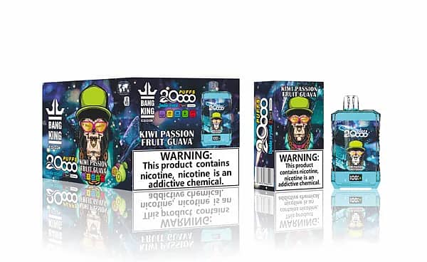 Bang King Double Crystal 20 000 bouffées jetables dans un dispositif aqua transparent Kiwi Passion Fruit Guava avec affichage "100%" à côté de l'emballage de vente au détail assorti montrant la mascotte du gorille et l'avertissement sur la nicotine.