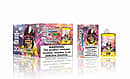 Bang King Double Crystal 20 000 bouffées jetables au parfum de mangue à la fraise - dispositif jaune transparent affichant "100%" sur l'écran avant à côté d'un emballage assorti avec une mascotte de gorille et une étiquette d'avertissement sur la nicotine.