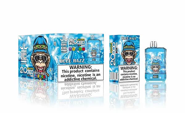 Bang King Double Crystal 20 000 bouffées de vape jetable en Blue Razz, présenté avec une boîte de vente au détail et un dispositif en cristal transparent avec affichage de la batterie.