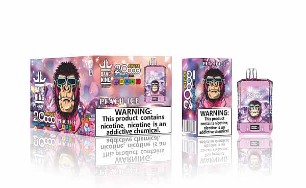 Bang King Double Crystal 20 000 bouffées jetables en cristal Peach Ice - dispositif en cristal rose avec affichage "100%" à côté de l'emballage de vente au détail assorti avec avertissement sur la nicotine.