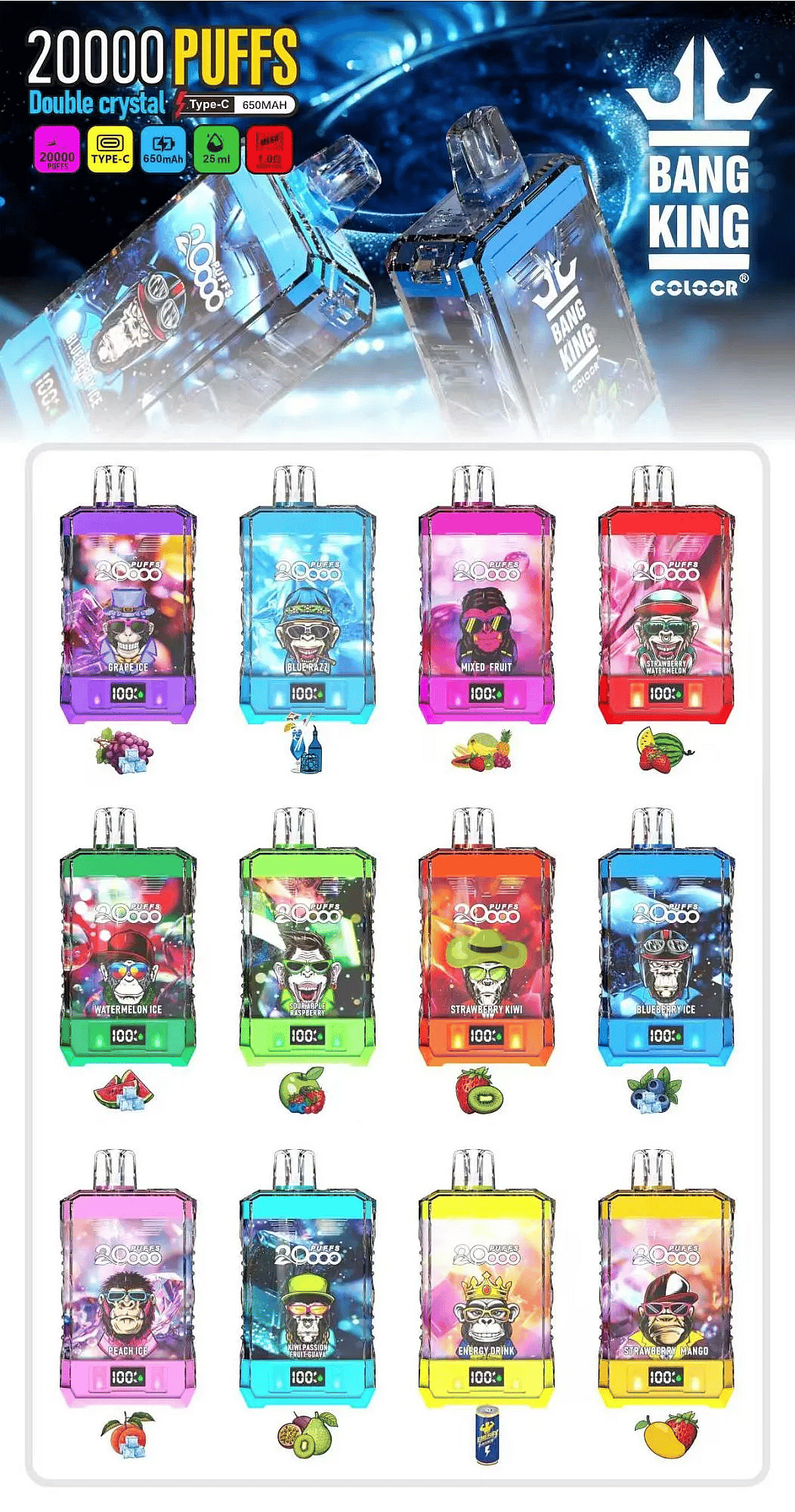 Affiche des vapes jetables Bang King Double Crystal 20 000 bouffées montrant 12 dispositifs transparents et teintés de couleurs avec un affichage frontal "100%" ; les saveurs comprennent Grape Ice, Blue Razz, Mixed Fruit, Strawberry Watermelon, Watermelon Ice, Raspberry, Strawberry Kiwi, Blueberry Ice, Peach Ice, Kiwi Passion Fruit Guava, Energy Drink, et Strawberry Mango. Les icônes d'en-tête notent Type-C, 650 mAh, 25 ml et 1,0 Ω de maille.