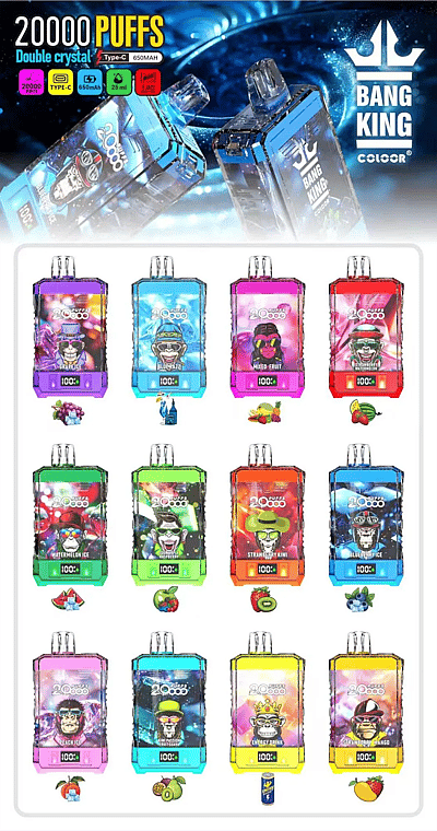 Bang King 20000 Double Crystal wegwerp-vape - Hoofdpagina Poster van de Bang King Double Crystal wegwerpvapes voor 20.000 trekjes, met daarop 12 doorzichtige, gekleurde apparaten met het opschrift “100%” op de voorkant; Smaken zijn onder andere Grape Ice, Blue Razz, Mixed Fruit, Strawberry Watermelon, Watermelon Ice, Raspberry, Strawberry Kiwi, Blueberry Ice, Peach Ice, Kiwi Passion Fruit Guava, Energy Drink en Strawberry Mango. De pictogrammen bovenaan geven Type-C, 650 mAh, 25 ml en 1,0 Ω mesh aan.