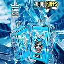 Bang King 20000 Double Crystal Vape jetable en boîtier bleu transparent, saveur Blue Razz, deux appareils sur un fond glacé avec des icônes Type-C et 650mAh et un affichage de la batterie 100%.