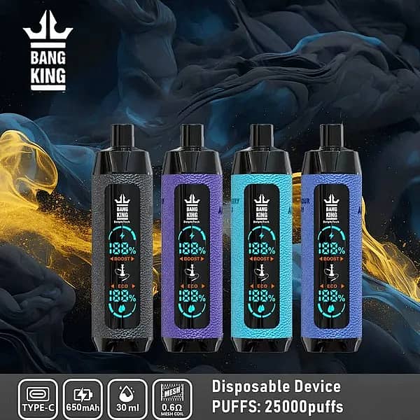 bang king 25000 puffs disposable vape lineup showing four textured, tube-style devices (black, purple, teal, blue) with a front smart display for Boost/Eco modes and battery/juice percentages; specs icons read Type-C, 650 mAh, 30 mL, 0.6 &Omega; mesh.