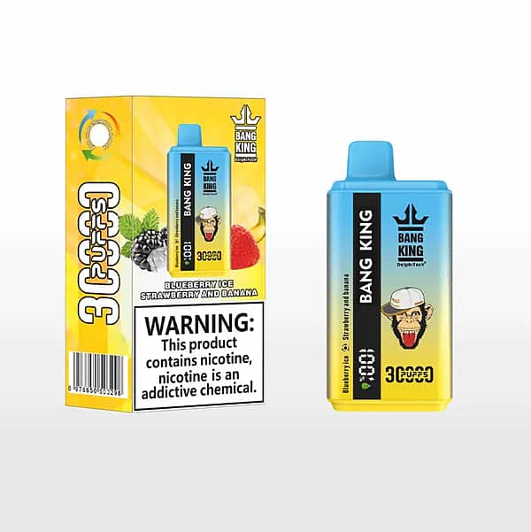 Bang King 30 000 bouffées jetables (Blueberry Ice / Black Dragon Ice) présentées avec la boîte de vente au détail et l'avertissement de nicotine ; dispositif dégradé de bleu à rose.