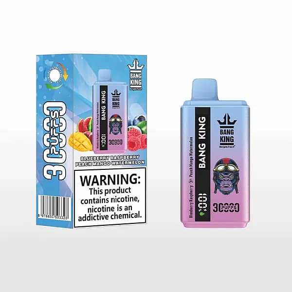 Bang King 30 000 bouffées jetables - Myrtille Framboise / Pêche Mangue Pastèque ; dispositif dégradé bleu-rose avec boîte et avertissement nicotine.