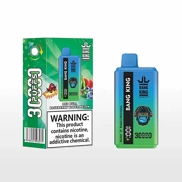 Bang King 30 000 bouffées jetables - Red Bull / Blueberry Watermelon ; dispositif dégradé de bleu à vert montré à côté de la boîte de vente au détail avec un grand avertissement sur la nicotine.