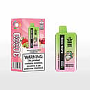 Bang King 30 000 bouffées jetables - Strawberry Kiwi + Peach Ice ; dispositif vert à rose à côté d'une boîte de vente au détail rose avec des graphiques de fruits et un grand avertissement sur la nicotine.