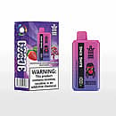 Bang King 30 000 bouffées jetables - Fraise et pastèque + glace de raisin ; dispositif rose à violet à côté d'une boîte de vente au détail violette avec des graphiques de fruits et un grand avertissement sur la nicotine.