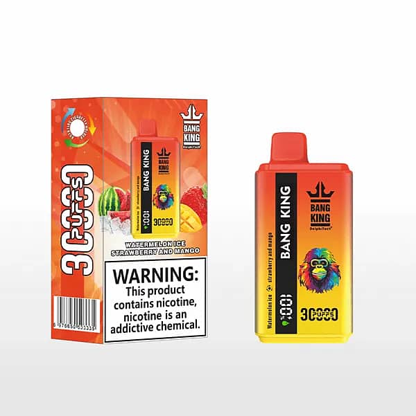 Bang King 30000 bouffées - Watermelon Ice, Strawberry & Mango ; dispositif orange/jaune à côté de la boîte assortie avec des graphiques de fruits et un avertissement sur la nicotine.