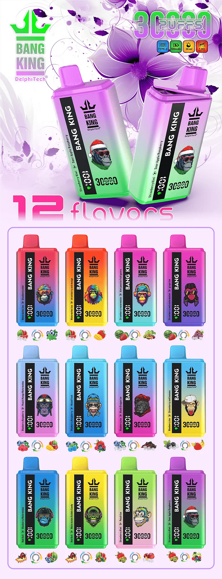 bang king 30000 puffs jetable vape poster présentant deux appareils en dégradé violet et une grille de 12 saveurs ; les icônes rappellent Type-C, 650 mAh, 36 ml, et 1.0 Ω mesh coil.