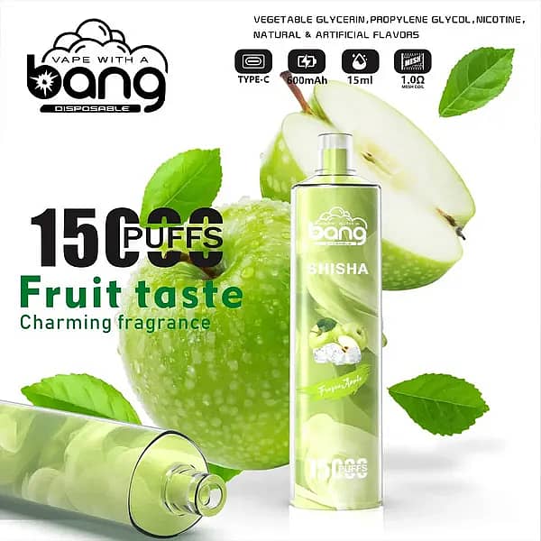Bang Shisha 15000 Puffs Frozen Apple Disposable Vape Pen &ndash; 15ml E-liquid, 600mAh Type-C Rechargeable, 1.0&Omega; Mesh Coil, Refreshing Fruit Flavor