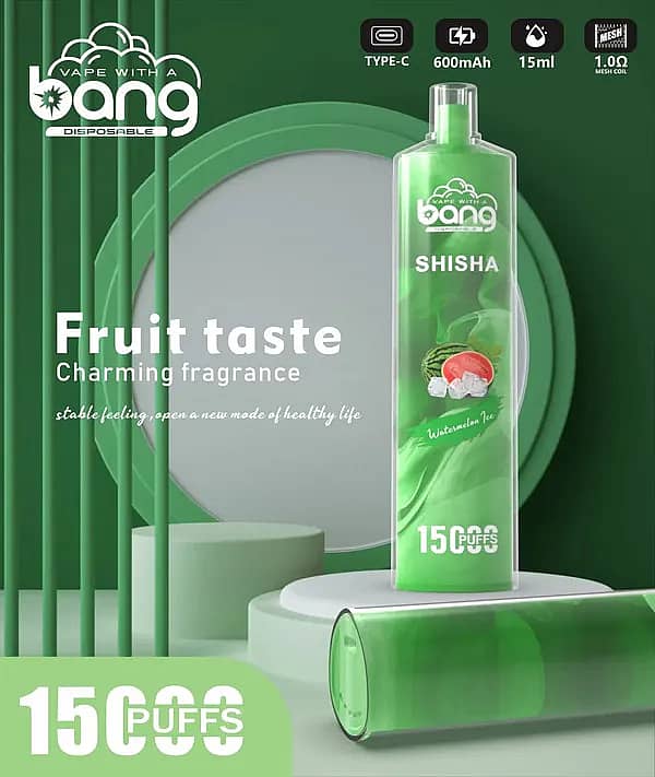 Bang Shisha 15000 Puffs Watermelon Ice Disposable Vape &ndash; 15ml E-liquid, 600mAh Type-C Rechargeable, 1.0&Omega; Mesh Coil, Fresh Sweet Melon Flavor with Cooling Ice