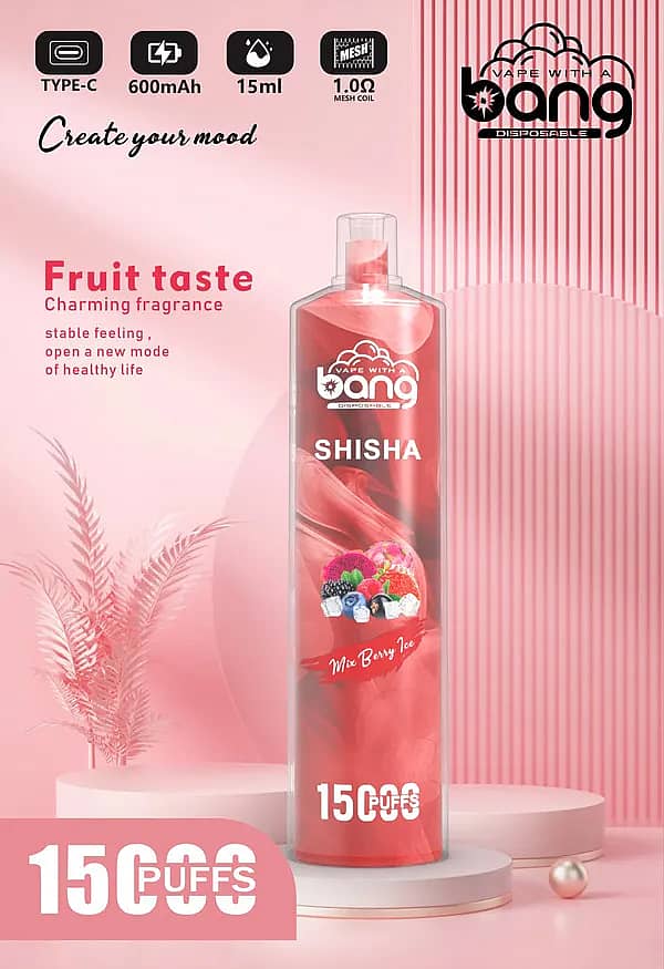 Bang Shisha 15000 Puffs Mix Berry Ice Disposable Vape &ndash; 15ml E-liquid, 600mAh Type-C Rechargeable, 1.0&Omega; Mesh Coil, Fruity Mixed Berries with Cooling Ice