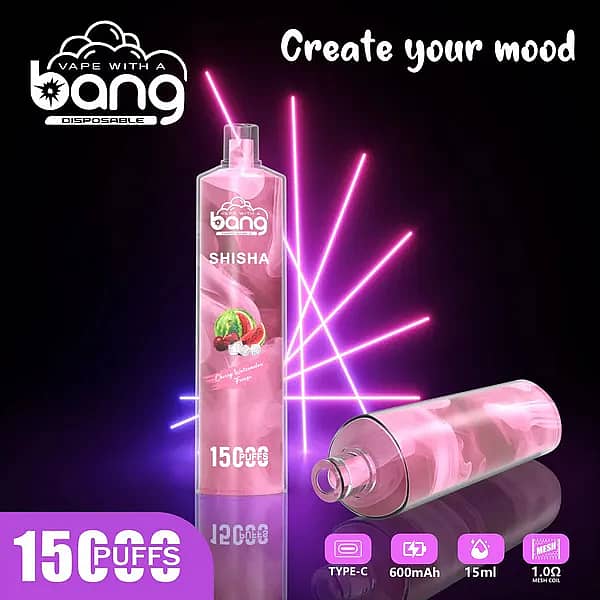Bang Shisha 15000 Puffs Cherry Watermelon Lychee Disposable Vape &ndash; 15ml E-liquid, 600mAh Type-C Rechargeable, 1.0&Omega; Mesh Coil, Juicy Cherry, Sweet Watermelon and Exotic Lychee Flavor