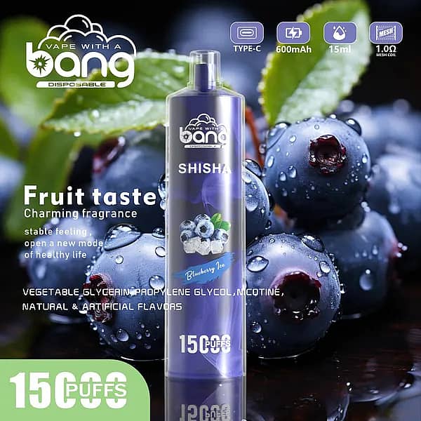 Bang Shisha 15000 Puffs Blueberry Ice Disposable Vape &ndash; 15ml E-liquid, 600mAh Type-C Rechargeable, 1.0&Omega; Mesh Coil, Sweet Blueberry with Cooling Ice Flavor