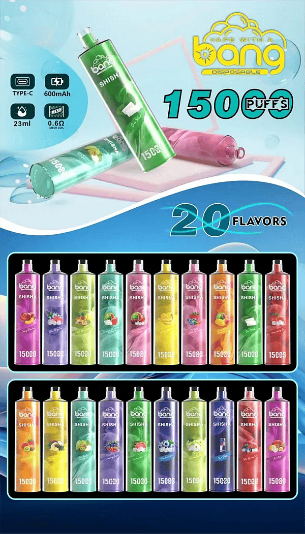 Bang Shisha 15000 Puffs Disposable Vape Pen - 20 Flavors | 0% 2% 3% 5% Nicotine | 600mAh, 23ml, Type-C Rechargeable Mesh Coil