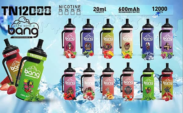 Bang Tn 12000 12K 12000 Züge Einweg-Vape-Pen Hauptseite 1 Bang Tn Einweg-E-Zigaretten-Stift mit 12.000 Zügen, 12 Geschmacksrichtungen, 0%, 2%, 3%, 5% Nikotin, 20 ml Fassungsvermögen, 600 mAh Akku