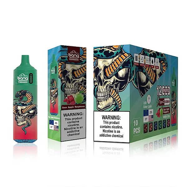 Bang Tornado 12000 Puffs Sour Apple Raspberry Disposable Vape &ndash; Snake Skull Design, Mesh Coil, 650mAh Type-C Rechargeable