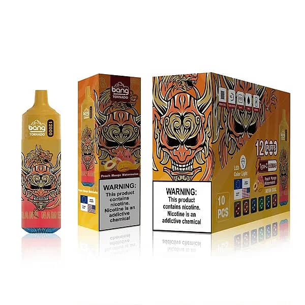 Bang Tornado 12000 Puffs Peach Mango Watermelon Disposable Vape &ndash; Fire Demon Design, Mesh Coil, Type-C Charging, 650mAh Battery