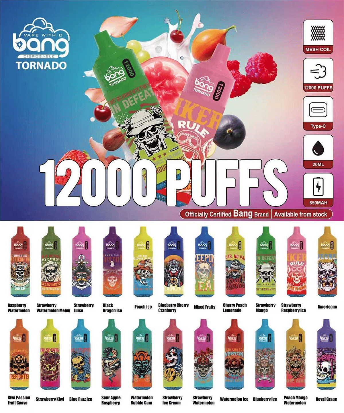 Bang Tornado 12000 Puffs Disposable Vape Pen 20 Flavors Type-C Mesh Coil 650mAh