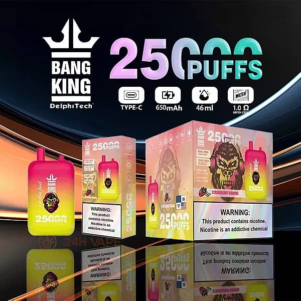 Bang King 25000 Puffs Disposable Vape &ndash; Strawberry Banana flavor &ndash; Dual Pods 46ml, 650mAh rechargeable battery, Type-C charging, 1.0&Omega; mesh coil, premium packaging display.