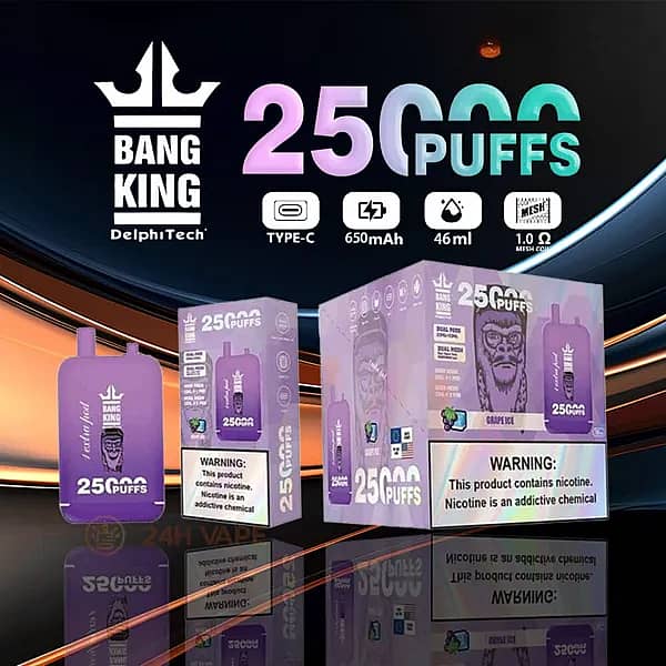 Bang King 25000 Puffs Disposable Vape in purple grape flavor, featuring a 650mAh rechargeable battery, 46ml dual pods, 1.0&Omega; mesh coil, and Type-C charging, displayed alongside product packaging with nicotine warning labels.