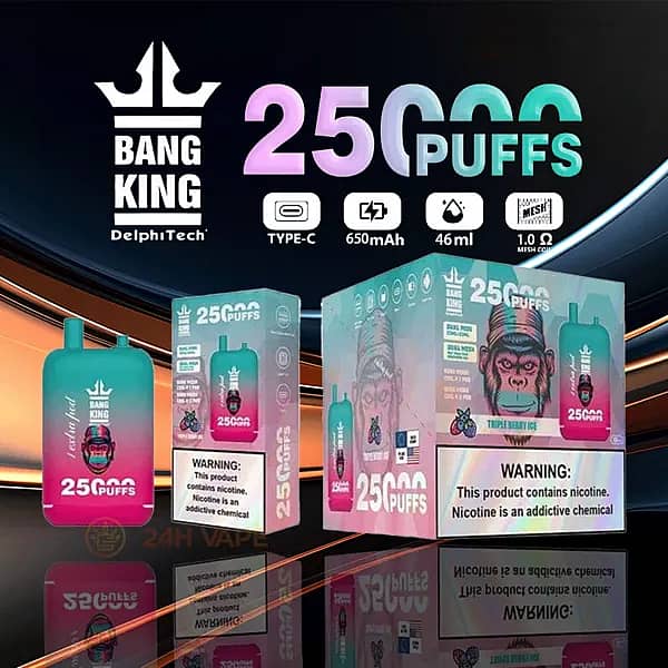 Bang King 25000 Puffs Disposable Vape in teal and pink gradient color, with product packaging showing a cartoon gorilla wearing a colorful striped beanie. Label highlights 650mAh battery, 46ml e-liquid capacity, mesh coil, and Type-C charging.