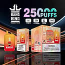 Bang King 25000 Puffs disposable vape in Strawberry Mango flavor, featuring 46ml dual pods, 650mAh rechargeable battery, Type-C charging, and 1.0&Omega; mesh coil, displayed with retail box and product branding.