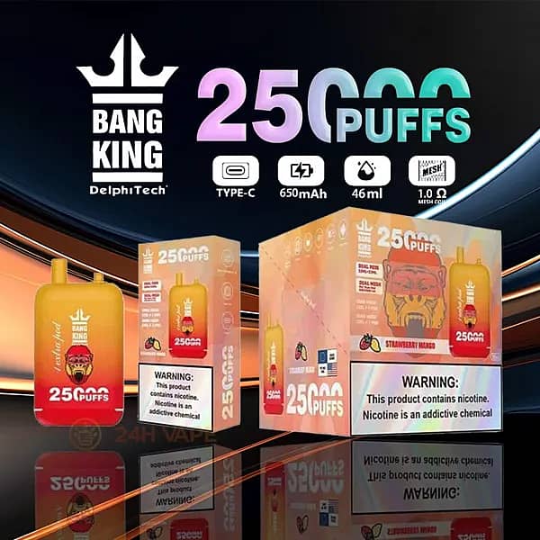 Bang King 25000 Puffs disposable vape in Strawberry Mango flavor, featuring 46ml dual pods, 650mAh rechargeable battery, Type-C charging, and 1.0&Omega; mesh coil, displayed with retail box and product branding.