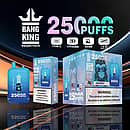 Bang King 25000 Puffs Disposable Vape in Blue Razz Ice flavor, featuring blue packaging with a gorilla illustration, 650mAh battery, 46ml e-liquid capacity, USB-C charging, and 1.0&Omega; mesh coil, displayed with product box and nicotine warning label.