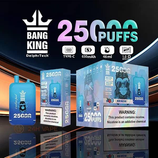 Bang King 25000 Puffs Disposable Vape in Blue Razz Ice flavor, featuring blue packaging with a gorilla illustration, 650mAh battery, 46ml e-liquid capacity, USB-C charging, and 1.0&Omega; mesh coil, displayed with product box and nicotine warning label.
