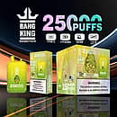 Bang King 25000 Puffs Disposable Vape in Tropical Fruit flavor, featuring yellow-green gradient body, packaging with illustrated character, and specifications for Type-C charging, 650mAh battery, 46ml e-liquid, and 1.0&Omega; mesh coil.