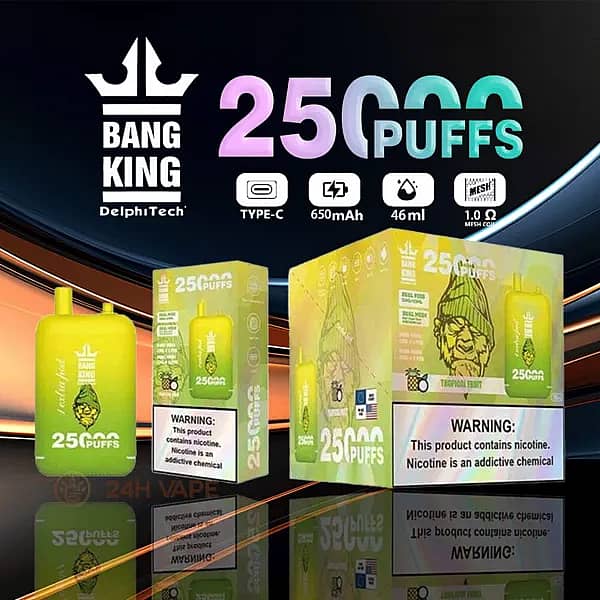 Bang King 25000 Puffs Disposable Vape in Tropical Fruit flavor, featuring yellow-green gradient body, packaging with illustrated character, and specifications for Type-C charging, 650mAh battery, 46ml e-liquid, and 1.0&Omega; mesh coil.