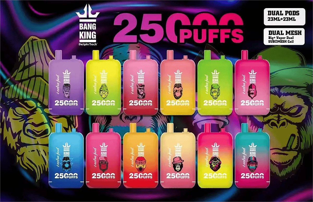 Bang King 25000 Puffs Disposable Vape collection featuring 12 vibrant flavor designs, each with a unique gorilla graphic on the device.