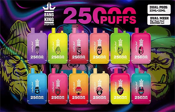 Bangking 25.000 Züge Einweg-E-Zigarette Hauptseite Die „Bang King 25.000 Puffs“-Einweg-Vape-Kollektion umfasst 12 farbenfrohe Geschmacksvarianten, wobei jedes Gerät mit einer einzigartigen Gorilla-Grafik verziert ist.