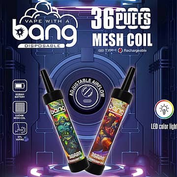Bang 36000 Puffs Disposable Vape with mesh coil, LED color light, adjustable airflow, and Type-C rechargeable battery.