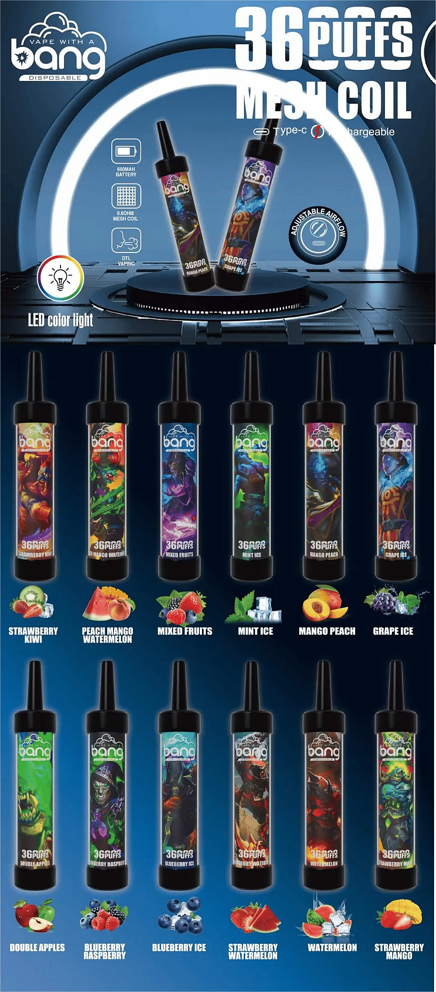 Bang 36,000 Puffs Disposable Vape Collection featuring 12 flavors including Strawberry Kiwi, Peach Mango Watermelon, Mixed Fruits, Mint Ice, Mango Peach, Grape Ice, Double Apples, Blueberry Raspberry, Blueberry Ice, Strawberry Watermelon, Watermelon, and Strawberry Mango.