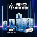 Bang Beach 20,000 Puffs Disposable Vape &mdash; Blue Razz Ice flavor. Blue gradient device with LED screen/puff counter beside its single box and 10-pack display carton, crown logo, neon blue background, icons for Type-C, 650mAh, 35ml, Dual Mesh.
