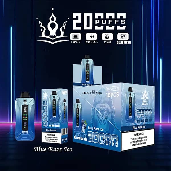 Bang Beach 20,000 Puffs Disposable Vape &mdash; Blue Razz Ice flavor. Blue gradient device with LED screen/puff counter beside its single box and 10-pack display carton, crown logo, neon blue background, icons for Type-C, 650mAh, 35ml, Dual Mesh.