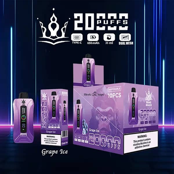 Bang Beach 20,000 Puffs Disposable Vape &mdash; Grape Ice flavor. Purple gradient device with LED screen/puff counter beside its box and 10-pack display carton; spec icons show Type-C, 650mAh, 35ml, Dual Mesh on a neon blue backdrop.
