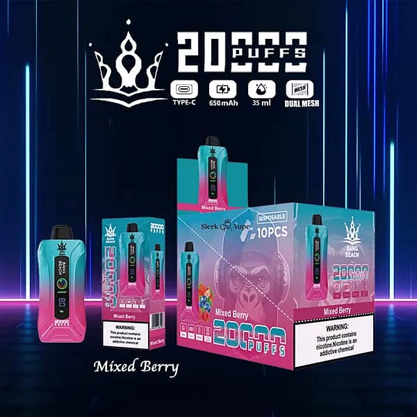 Bang Beach 20,000 Puffs Disposable Vape &mdash; Mixed Berry flavor. Teal-pink gradient device with LED screen/puff counter beside its box and 10-pack display carton; spec icons show Type-C, 650mAh, 35ml, Dual Mesh on a neon blue backdrop.
