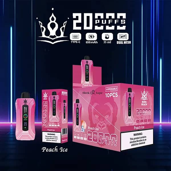 Bang Beach 20,000 Puffs disposable vape &mdash; Peach Ice flavor. Pink device with LED screen/puff counter beside its box and 10-pack display carton; spec icons show Type-C, 650mAh, 35ml, Dual Mesh on a neon blue backdrop.