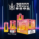 Bang Beach 20,000 Puffs disposable vape &mdash; Peach Mango flavor. Pink-to-yellow device with LED screen/puff counter beside its individual box and a 10-pack display carton; spec icons show Type-C, 650mAh, 35 ml, Dual-Mesh on a neon blue backdrop.