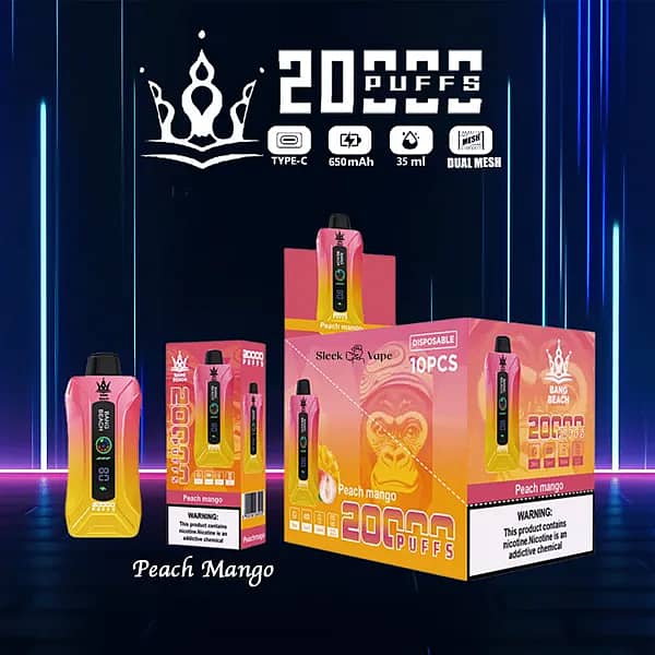 Bang Beach 20,000 Puffs disposable vape &mdash; Peach Mango flavor. Pink-to-yellow device with LED screen/puff counter beside its individual box and a 10-pack display carton; spec icons show Type-C, 650mAh, 35 ml, Dual-Mesh on a neon blue backdrop.
