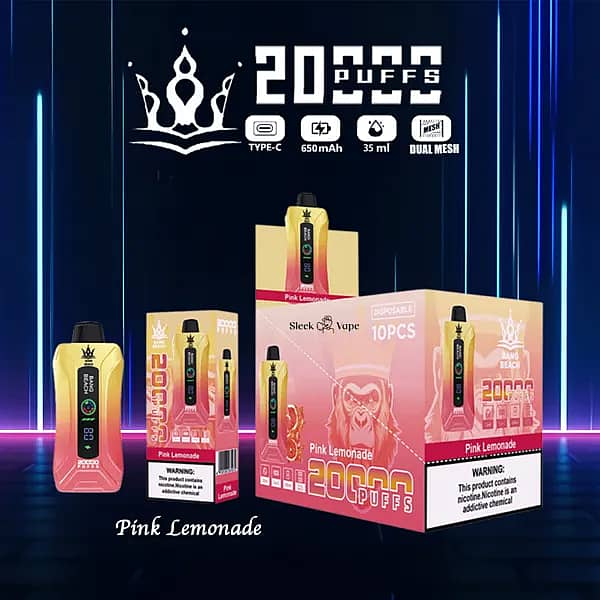 Bang Beach 20,000 Puffs disposable vape &mdash; Pink Lemonade flavor. Yellow-to-pink device with LED puff/battery screen shown with its box and 10-pack carton; icons: Type-C, 650mAh, 35 ml, Dual-Mesh.